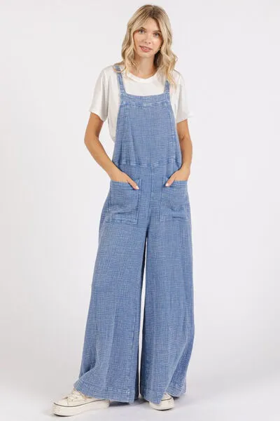 Textured Wide Leg Overalls in Blue