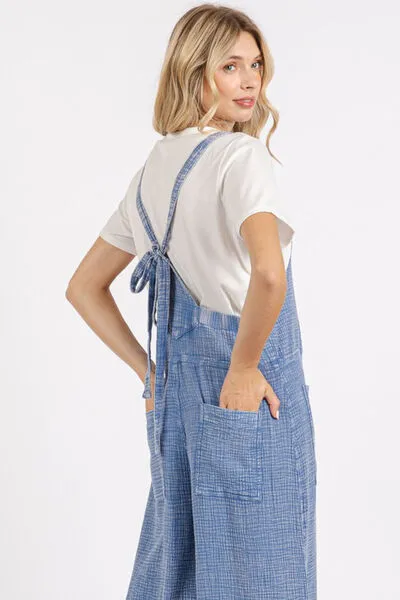 Textured Wide Leg Overalls in Blue