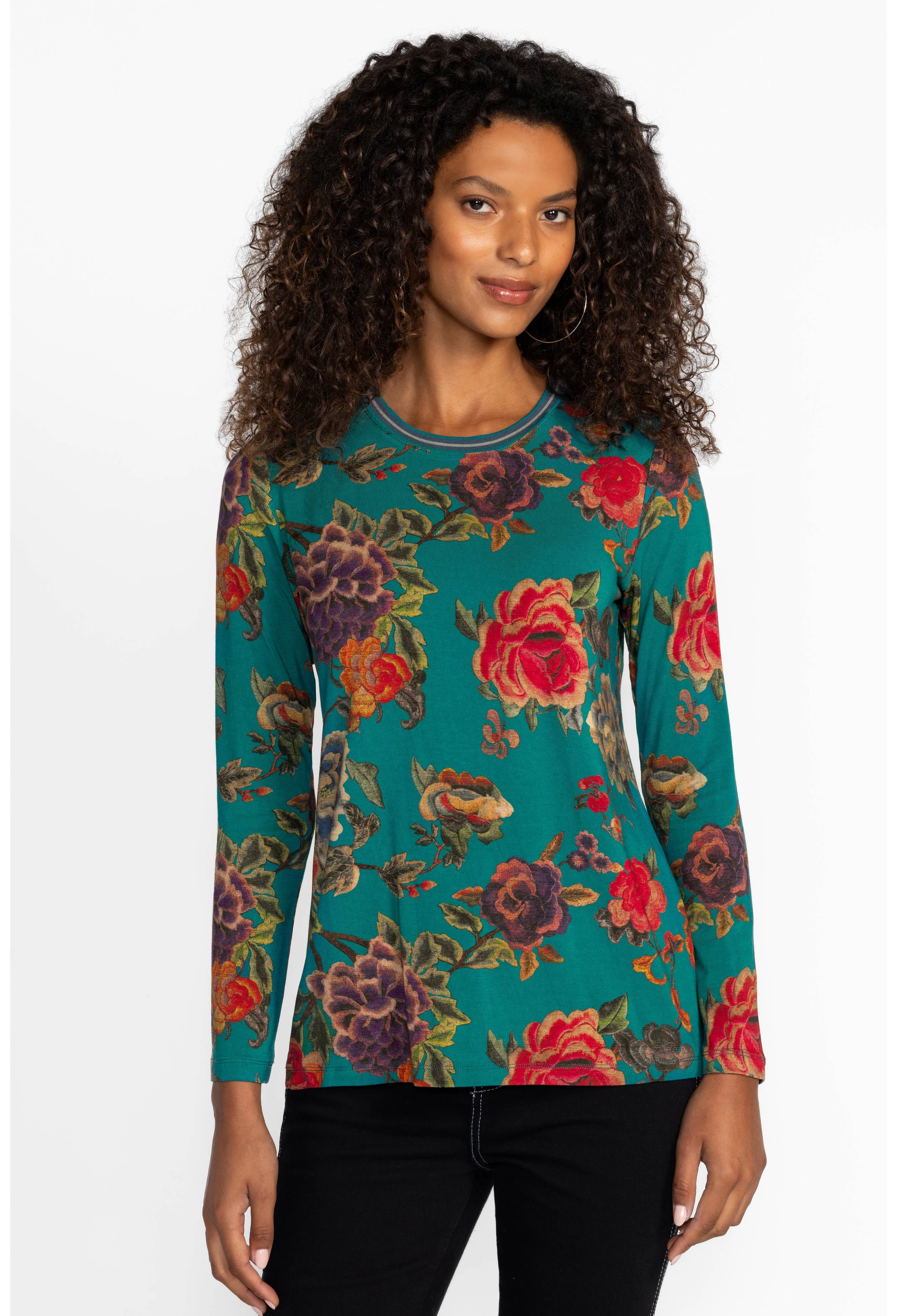 The Jaine Favorite Long Sleeve Crew Neck Tee by Johnny Was in Zinnia Meadow
