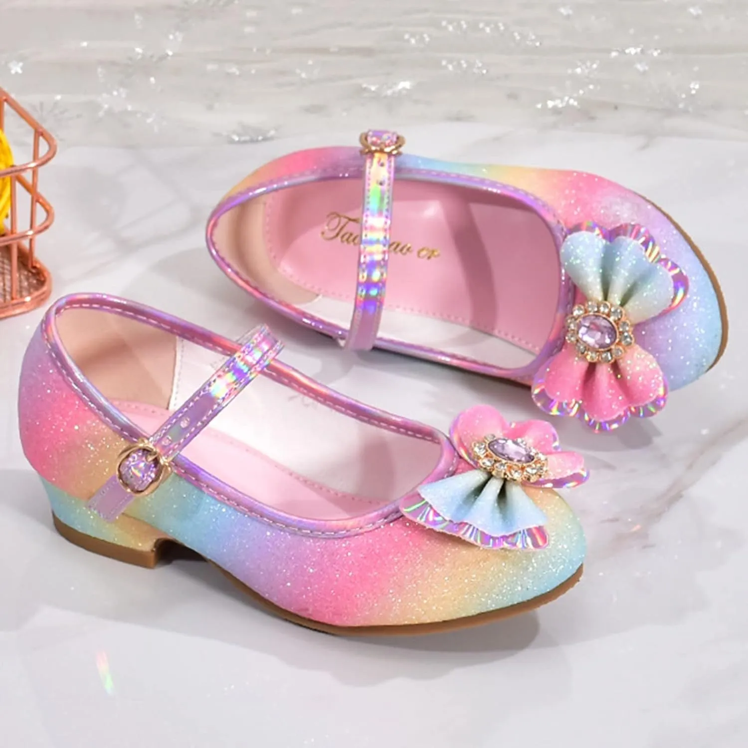 Toddler Girls Shoes Low Heel Dress Shoes Cute Bowknot Sparkle Mary Jane Flower Girls Wedding Birthday Party Prom