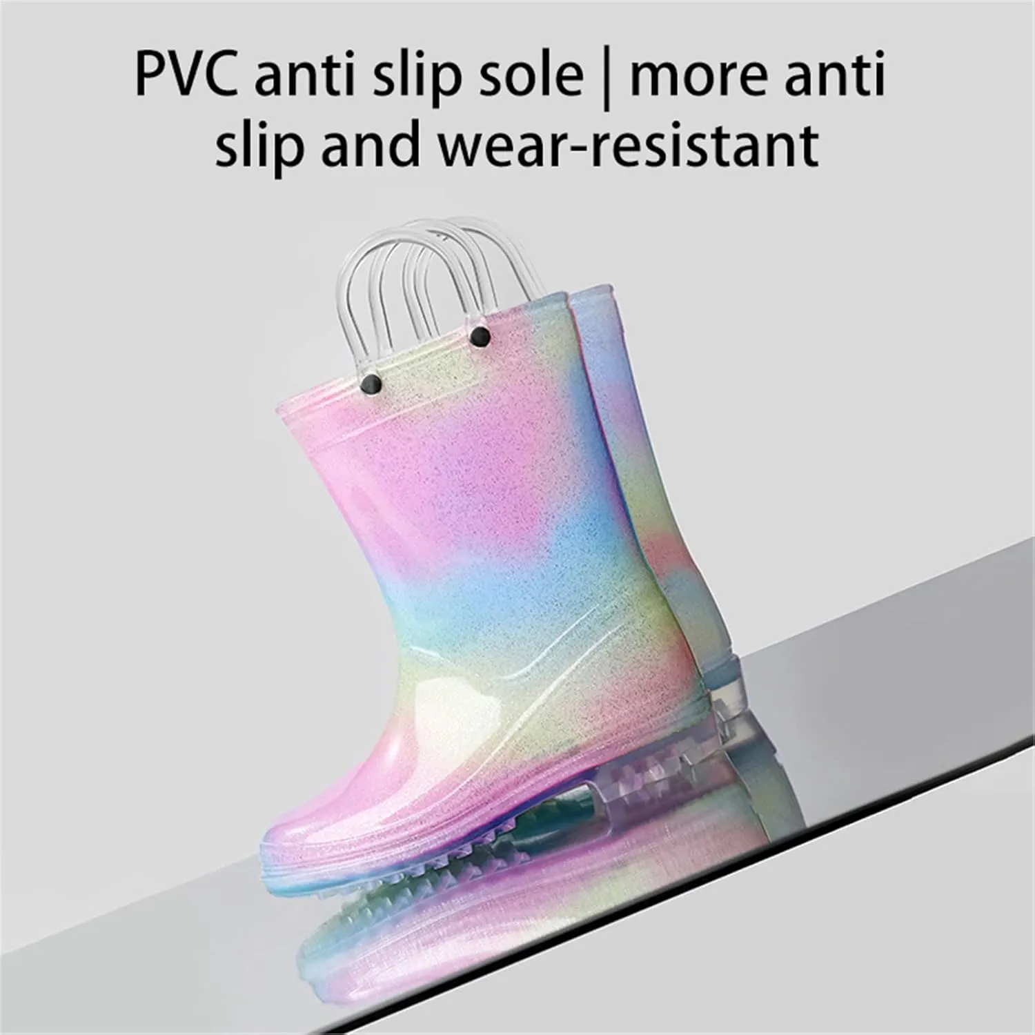 Toddler Rain Boots Kids Glitter Waterproof Boots Light Up Rain Boots for Girls Rainbow Boots with Easy-on Handles