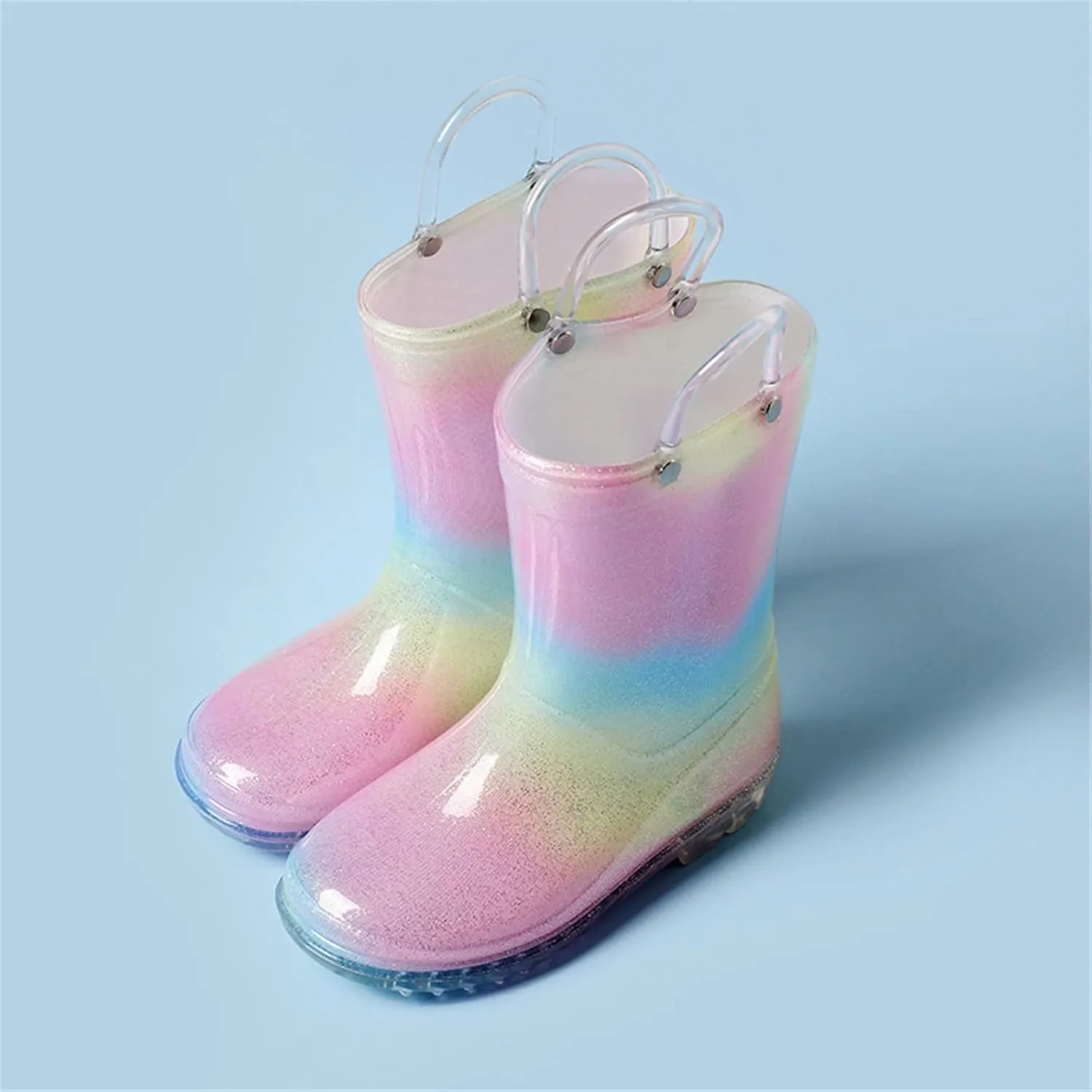 Toddler Rain Boots Kids Glitter Waterproof Boots Light Up Rain Boots for Girls Rainbow Boots with Easy-on Handles