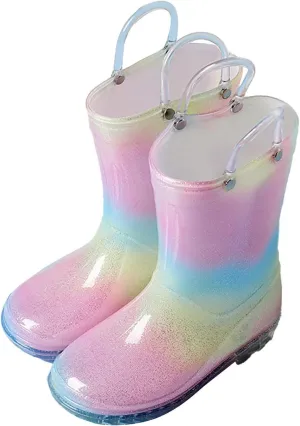 Toddler Rain Boots Kids Glitter Waterproof Boots Light Up Rain Boots for Girls Rainbow Boots with Easy-on Handles