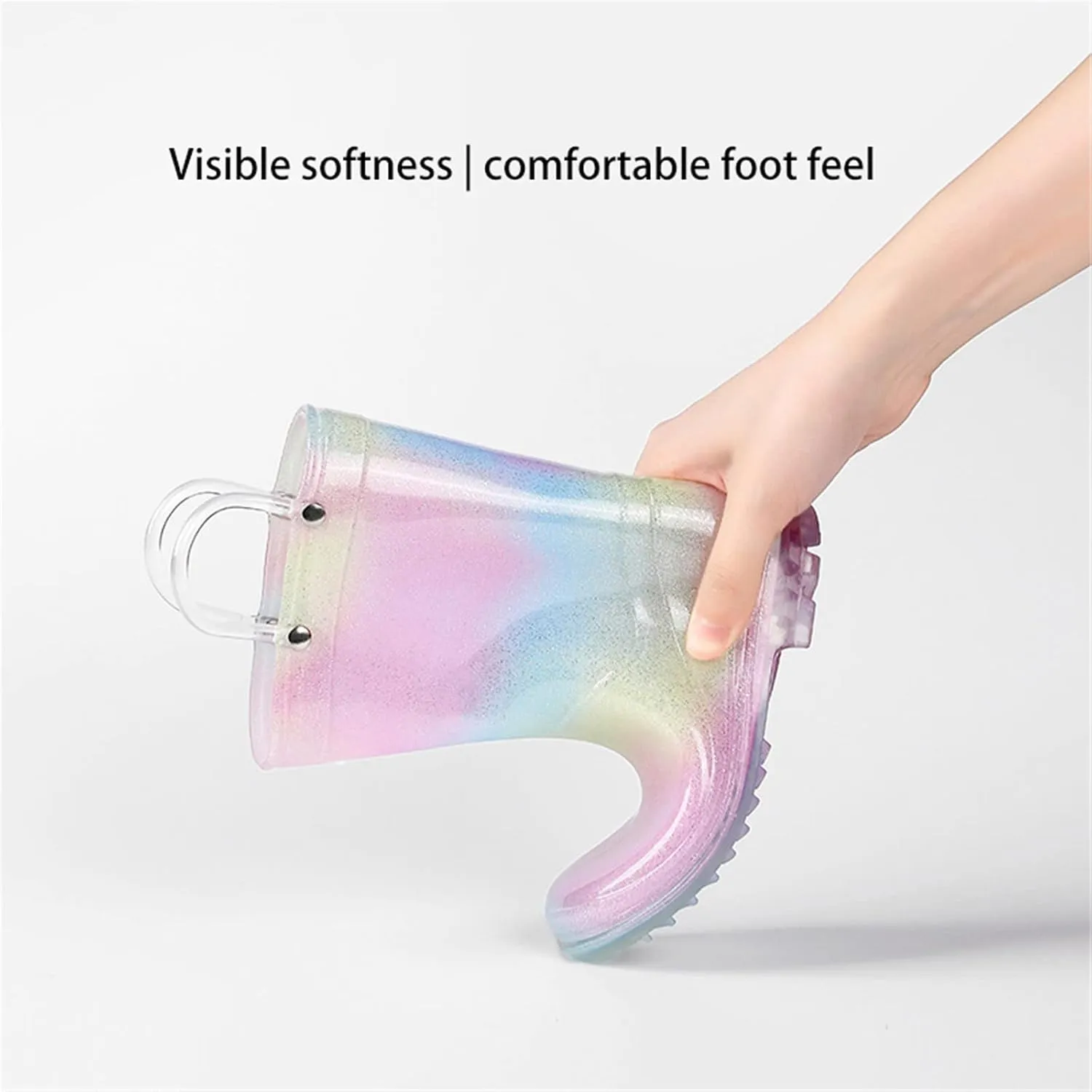 Toddler Rain Boots Kids Glitter Waterproof Boots Light Up Rain Boots for Girls Rainbow Boots with Easy-on Handles