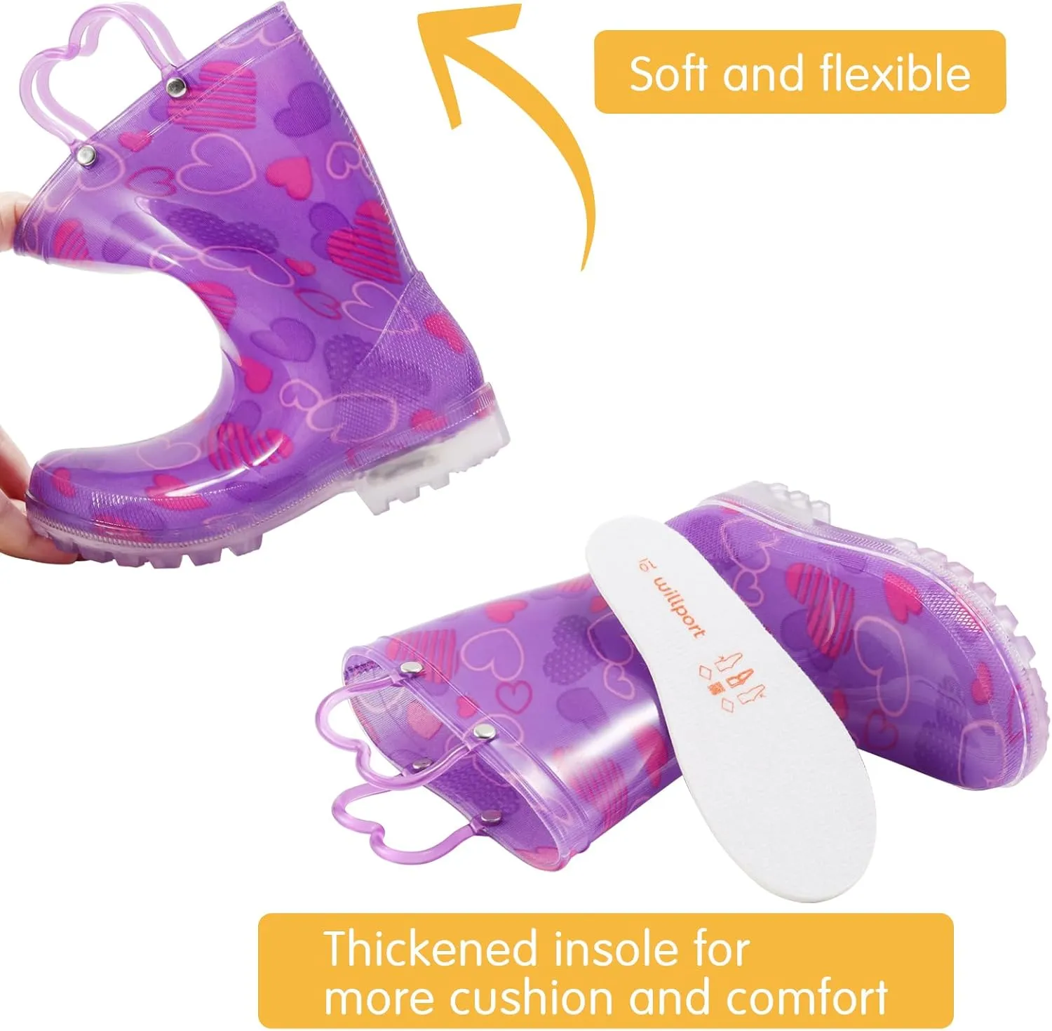 Toddler Rain Boots,Waterproof Light Up Kids Rain Boots with Easy-on Handles for Boys and Girls