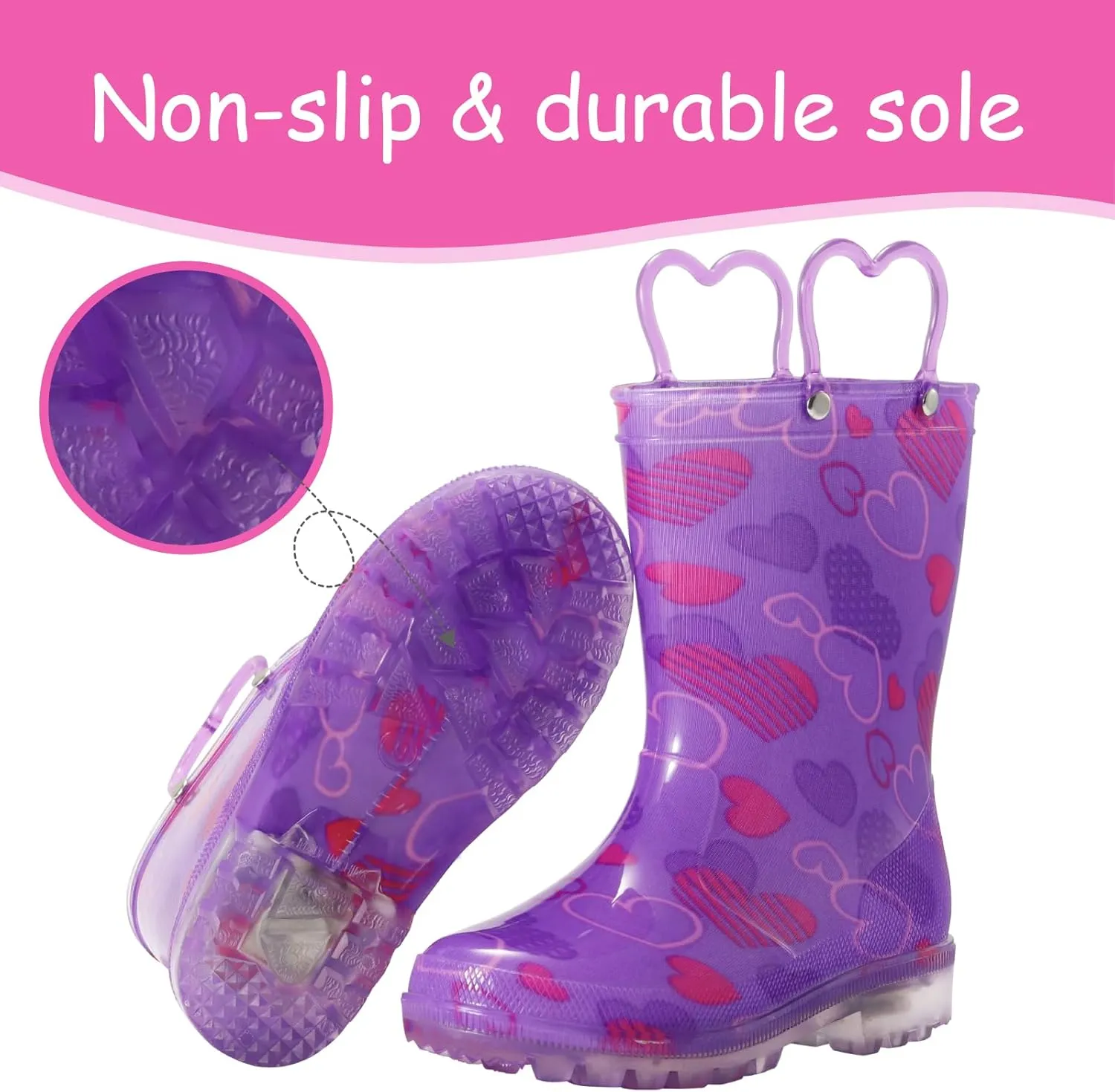 Toddler Rain Boots,Waterproof Light Up Kids Rain Boots with Easy-on Handles for Boys and Girls