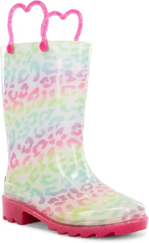 Western Chief Kids Waterproof Light Up Rain Boots With Handles for Easy On and Off for Boys and Girls, Leopard, 6
