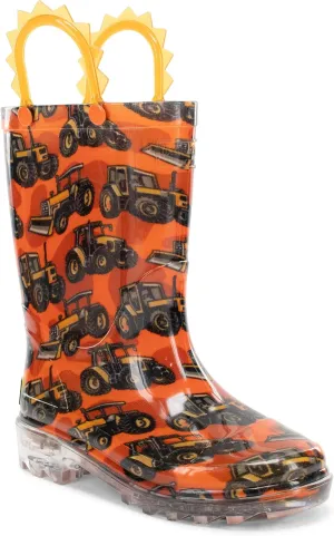 Western Chief Kids Waterproof Light Up Rain Boots With Handles for Easy On and Off for Boys and Girls, Tractors, 10