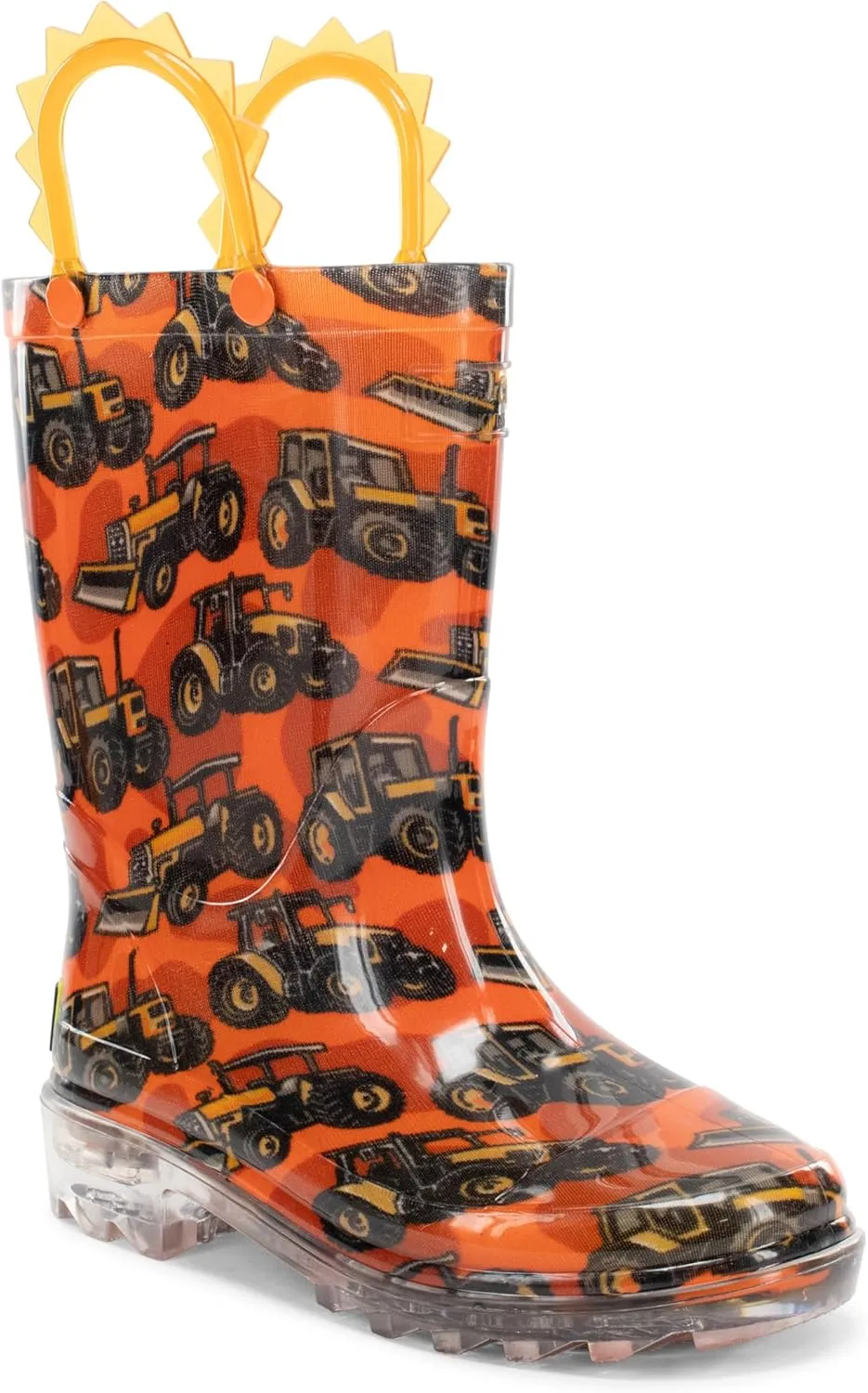 Western Chief Kids Waterproof Light Up Rain Boots With Handles for Easy On and Off for Boys and Girls, Tractors, 1