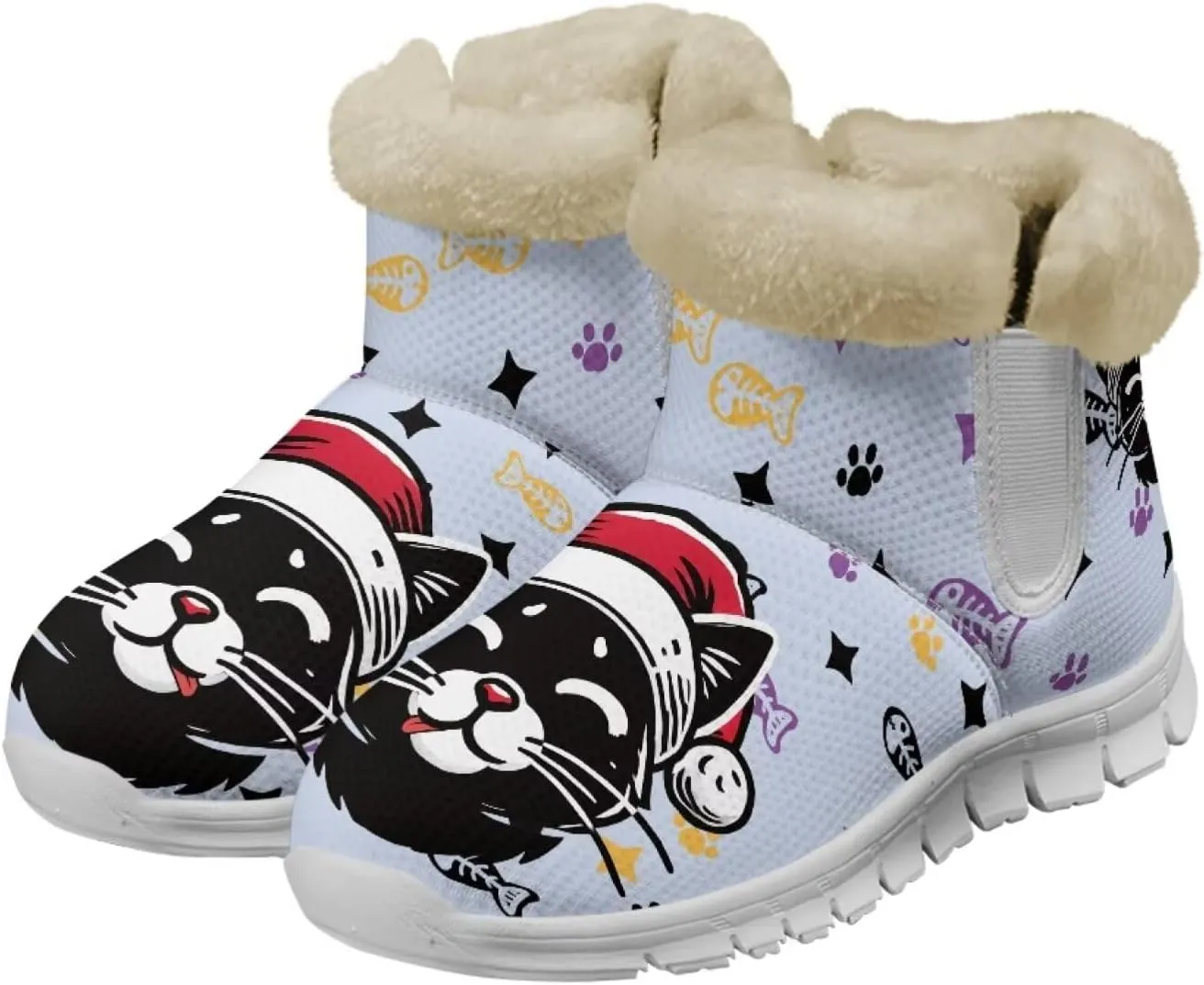 Women's Cat Print Winter Snow Boots Warm Ankle Fuzzy Booties Cold Weather Shoes for Outdoor