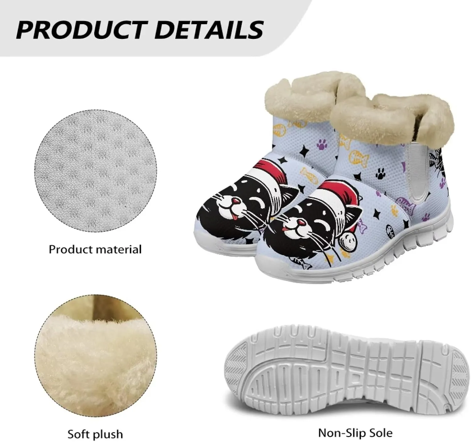 Women's Cat Print Winter Snow Boots Warm Ankle Fuzzy Booties Cold Weather Shoes for Outdoor