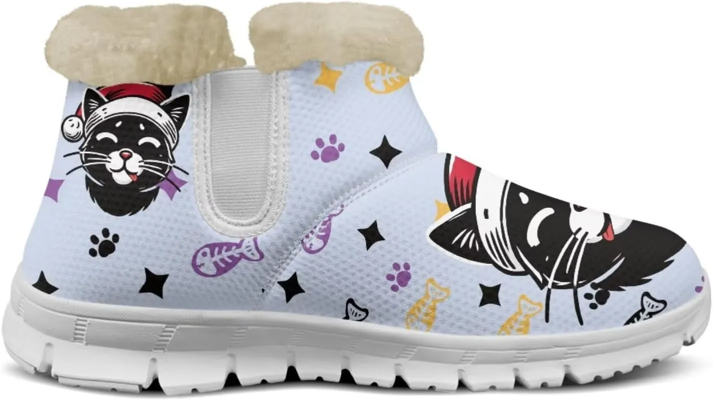 Women's Cat Print Winter Snow Boots Warm Ankle Fuzzy Booties Cold Weather Shoes for Outdoor