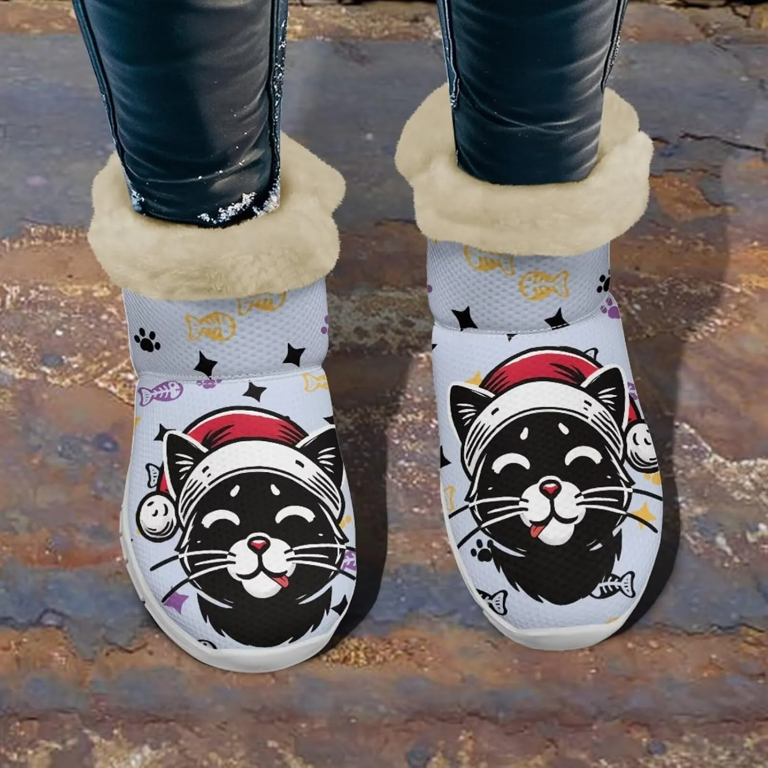 Women's Cat Print Winter Snow Boots Warm Ankle Fuzzy Booties Cold Weather Shoes for Outdoor