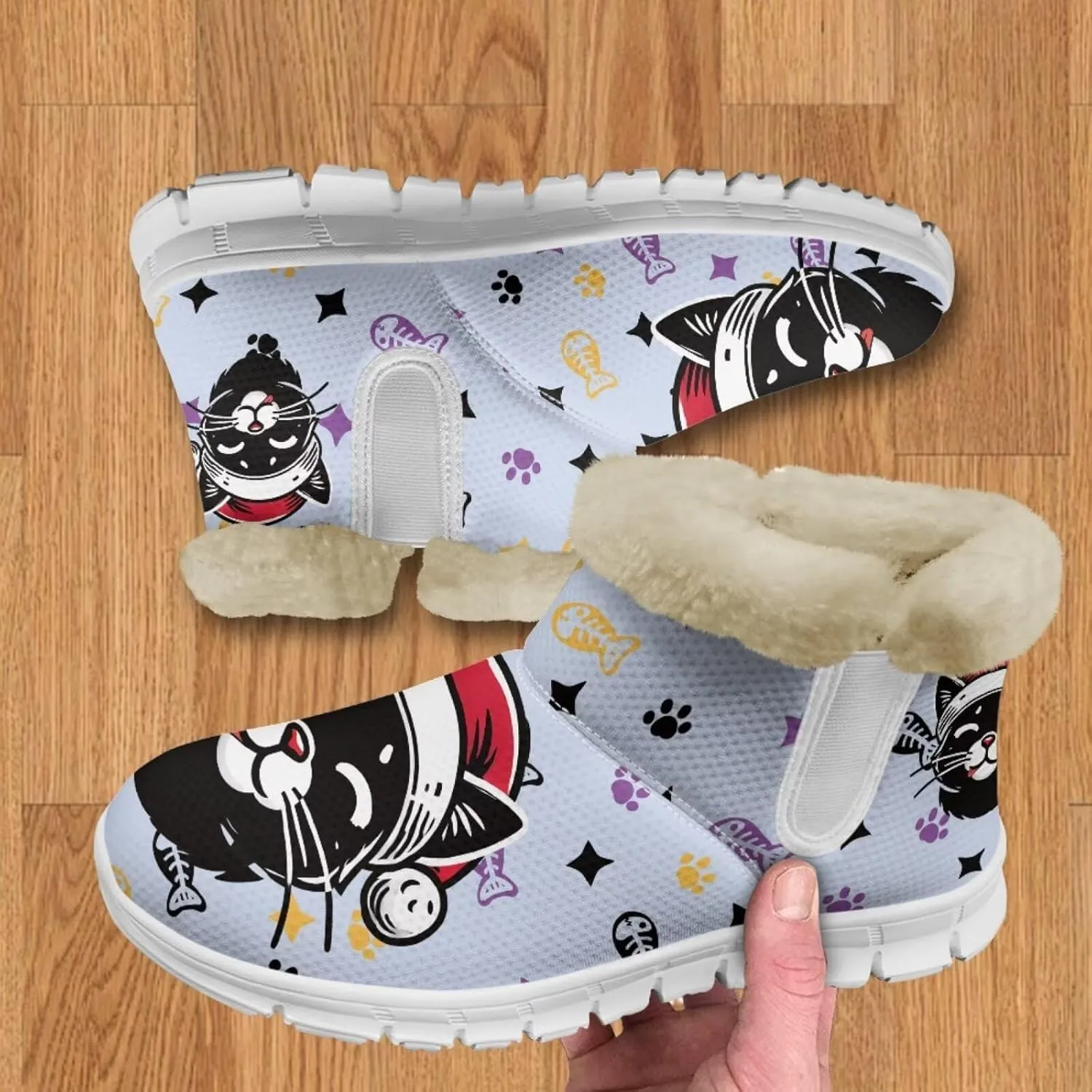 Women's Cat Print Winter Snow Boots Warm Ankle Fuzzy Booties Cold Weather Shoes for Outdoor