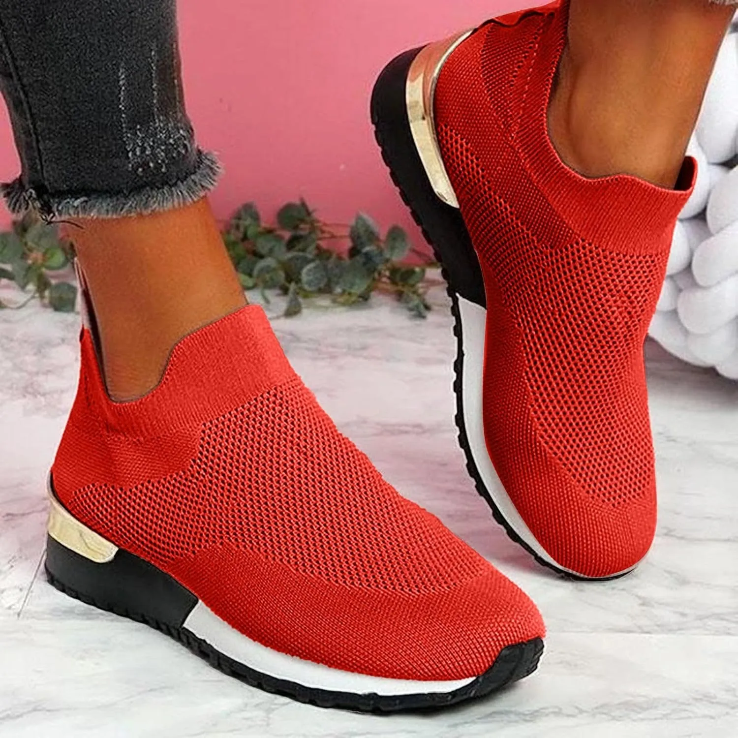 Womens Slip om Shoes,Summer Breathable Flying Knit Socks Shoes Elastic Fabric Large Size Women's Sneakers with Non Slip Comfy Sole Sneakers for Women Travel Walking Hiking and Daily Work Casual Shoe