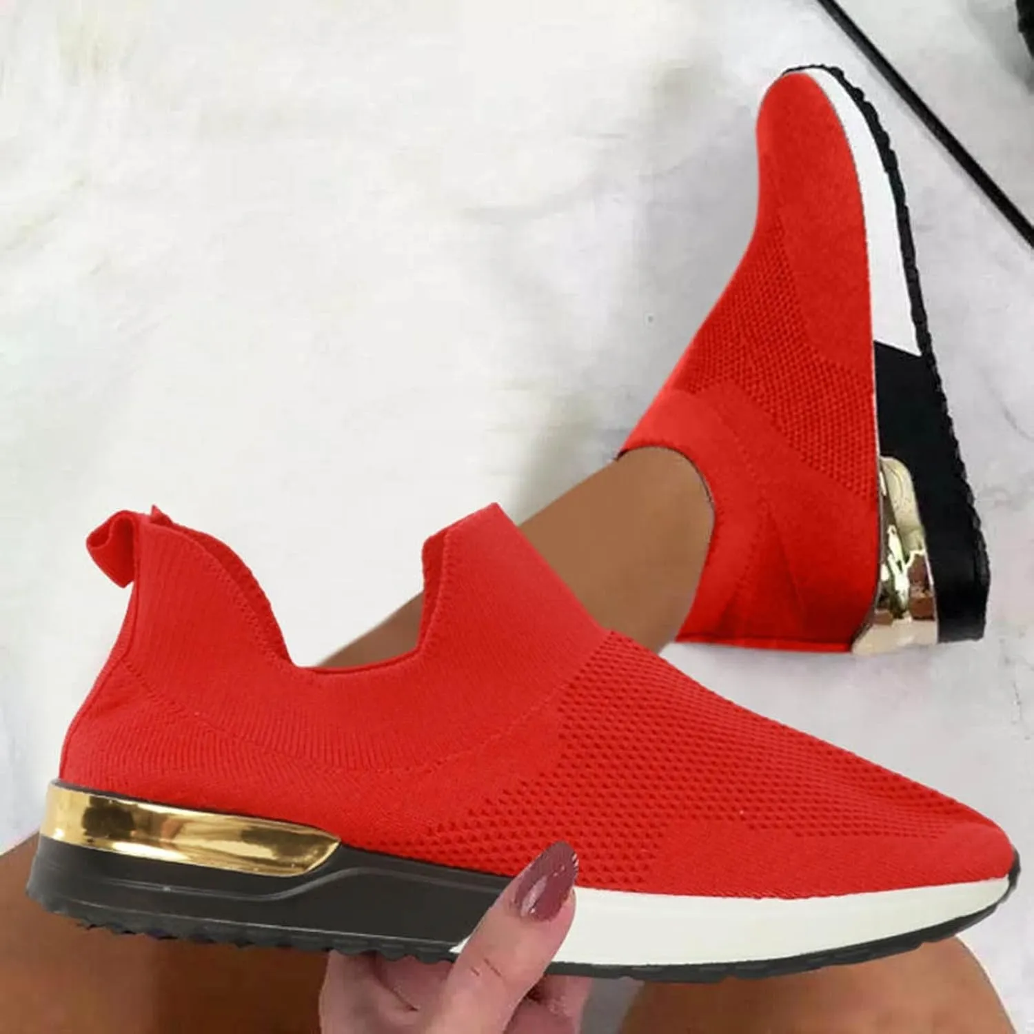 Womens Slip om Shoes,Summer Breathable Flying Knit Socks Shoes Elastic Fabric Large Size Women's Sneakers with Non Slip Comfy Sole Sneakers for Women Travel Walking Hiking and Daily Work Casual Shoe