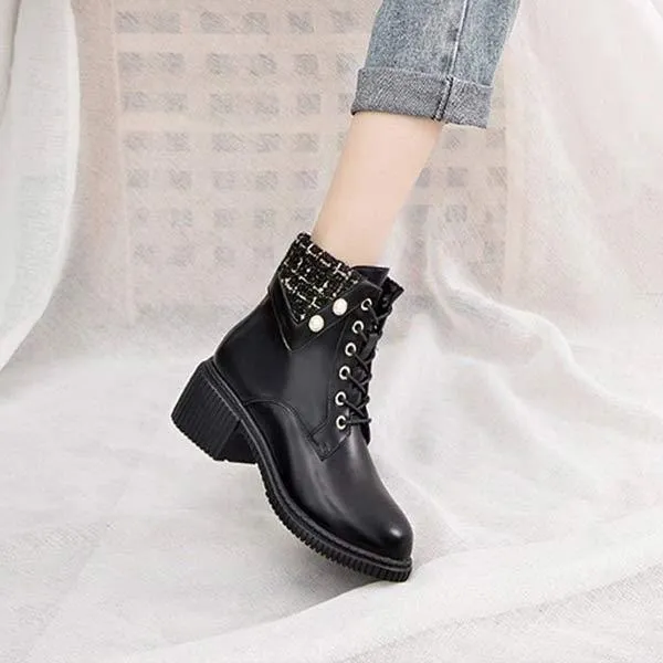 Women's Strap-Adorned Short Boots With Chunky Martin Heels