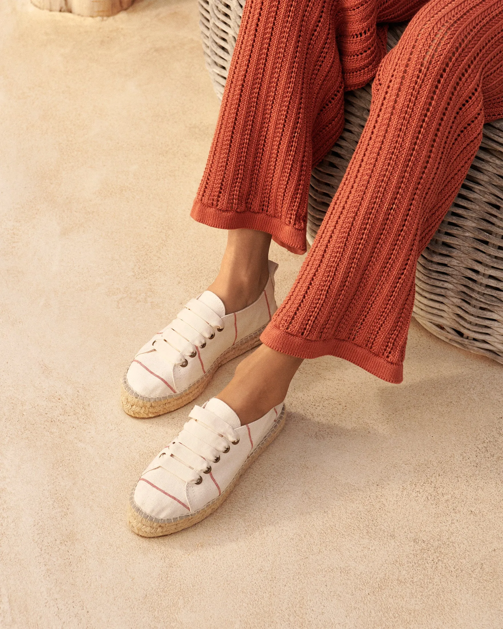 Woven Canvas Lace-Up Espadrilles - G00E0 - Portofino Red Micro Stripes On Beige