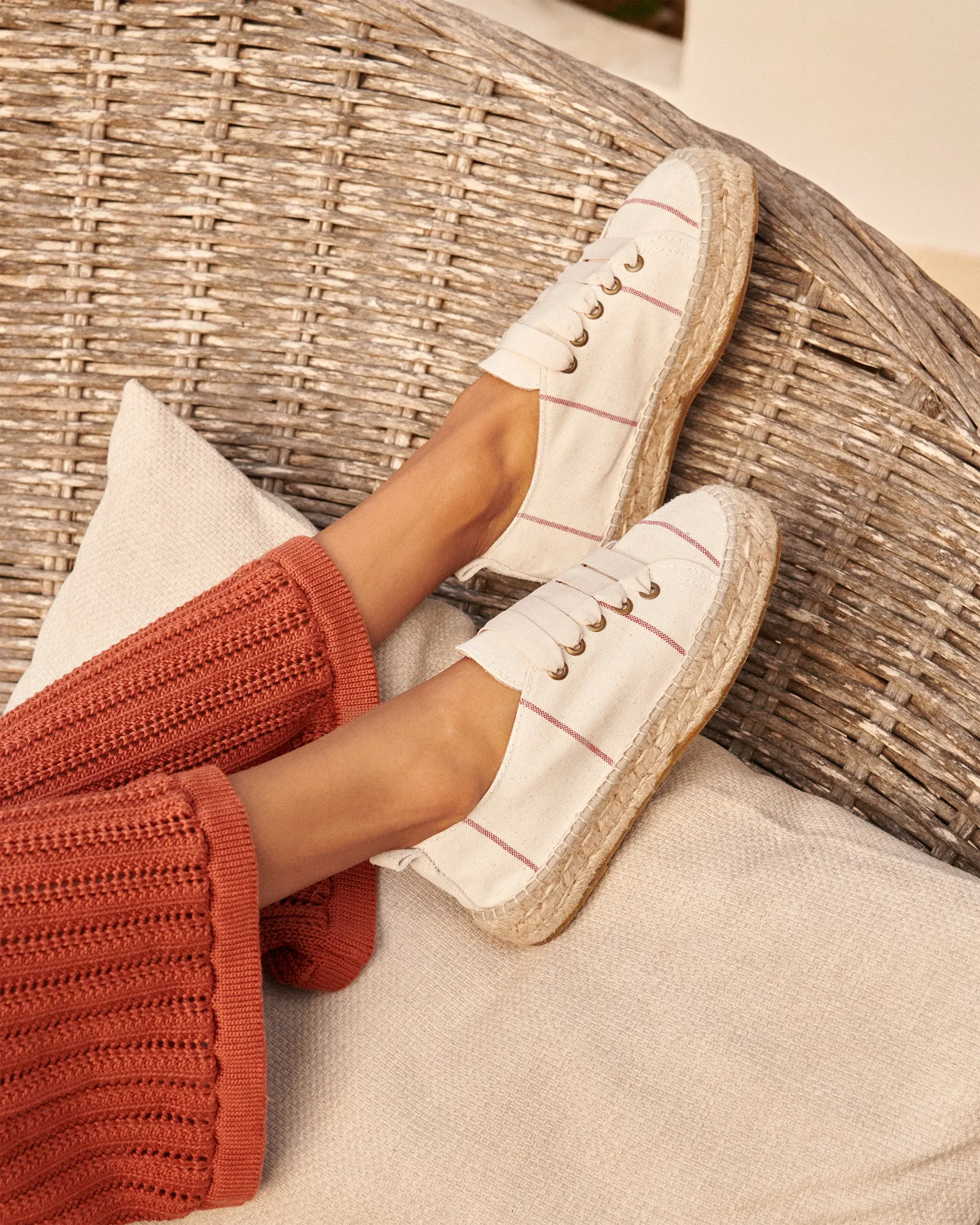 Woven Canvas Lace-Up Espadrilles - G00E0 - Portofino Red Micro Stripes On Beige