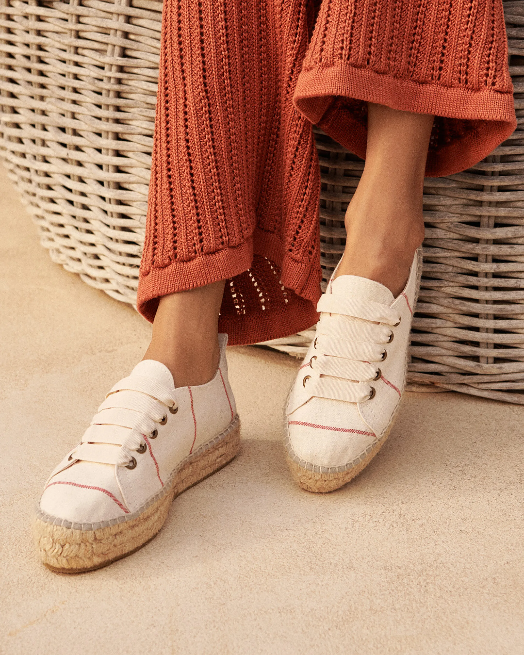 Woven Canvas Lace-Up Espadrilles - G00E0 - Portofino Red Micro Stripes On Beige