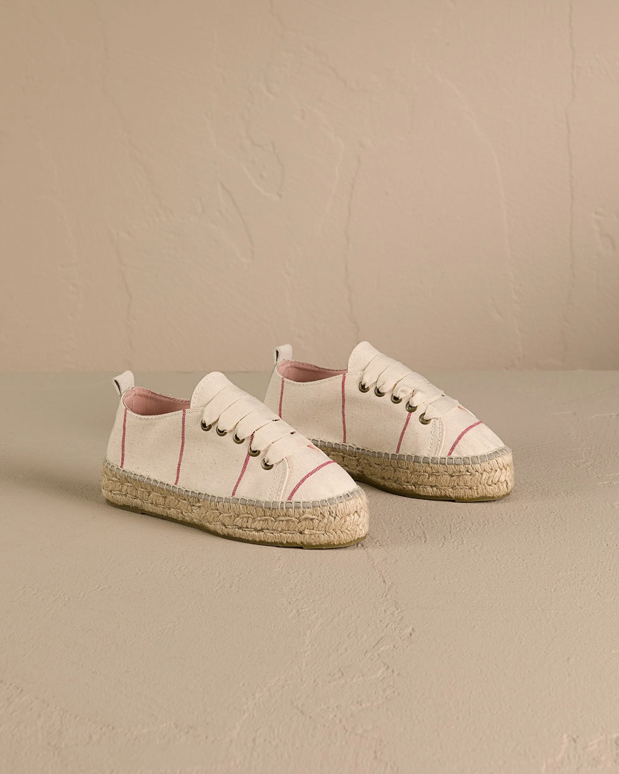 Woven Canvas Lace-Up Espadrilles - G00E0 - Portofino Red Micro Stripes On Beige