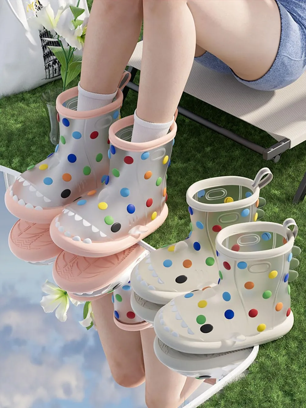 Zureto Cartoon Shark Rain Boots, Women kids 3D Animal Rainbow Shark Easy On Waterproof Anti-Slip Toddler Rain Shoes